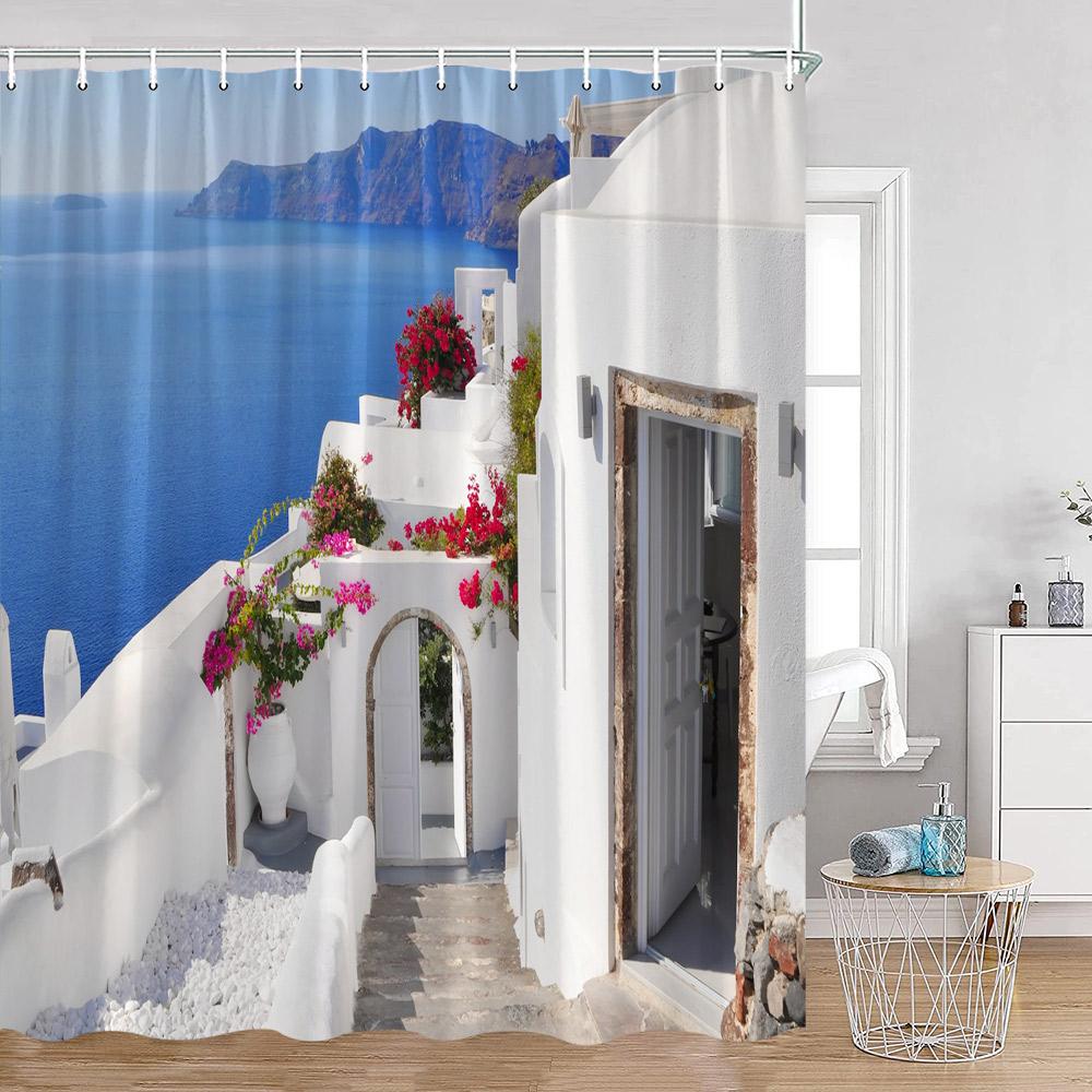 Greek Town Shower Curtain Greek Street View Sea View Blue Door Greece Scenery Bathroom Curtain Flower Plant Bath Decor with Hook