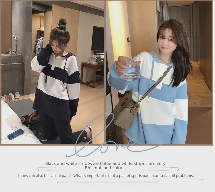 Stylish Cotton Maternity Suit: Belly-Concealing Hooded Pullover with Contrasting Colors