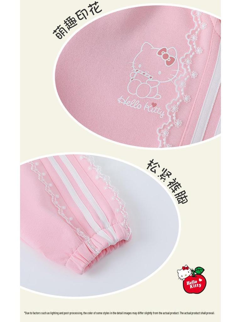 HelloKitty Girls' Autumn Color Block Lace Ribbon Patchwork Sweatpants - 2025 Sporty Casual Style