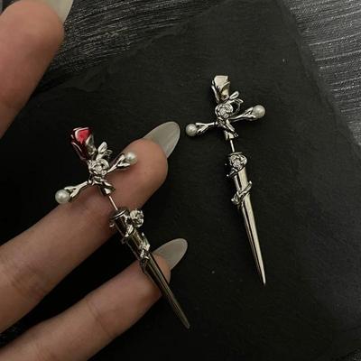 Retro  Dark Gothic Punk Rose Cross Thorn Earring Unisex Piercing Ear Needle Earstuds Jewelry Accessorie