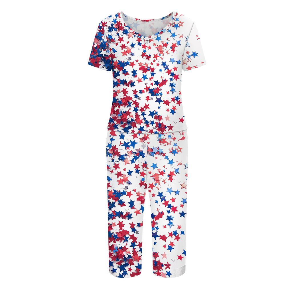 2-teilige Sets für Damen Kurzarm-Oberteil und Hose mit Taschen Sport Weiche Print-Sets