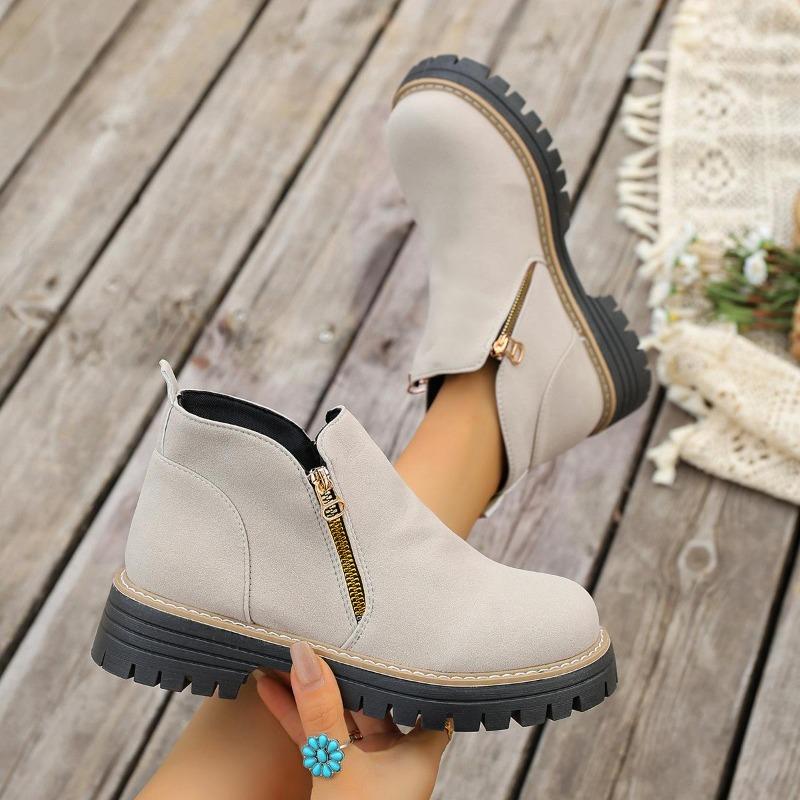 Damen Stiefeletten mit runder Zehenpartie in Überweite, Martin Boots mit Blockabsatz und Reißverschluss an der Seite, Herbst Winter Kurzstiefel für Damen