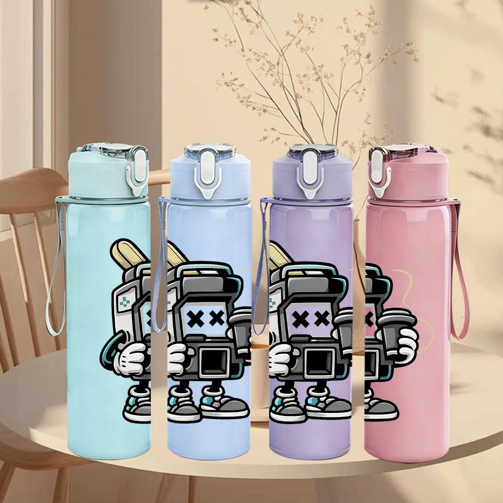 1PC Vintage Metal Robot Figure 750ml Color Plastic Sports Water Bottle Leakproof Flip Straw Lid Suitable for Sports Office Home Use