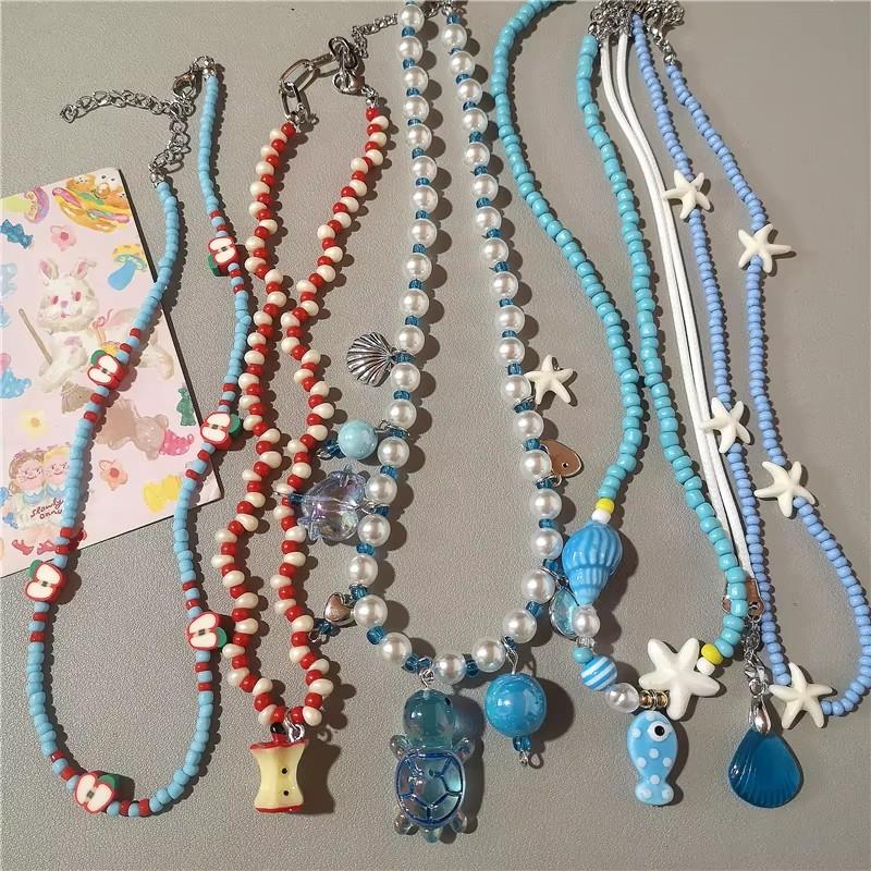 New Trend Summer Ceramic Fish Pearl Starfish Fruit Pendant Necklace Y2K Harajuku Beads Choker Beach 2000s Sea Ocean Jewelry New