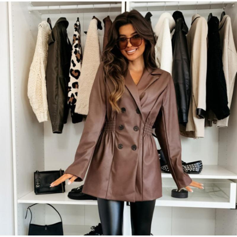 

Vintage Pu Leather Coats Women Solid Laple Double Breasted Long Sleeve Female Leather Jacket 2024 Autumn Fashion Lady Outerwear S чёрный