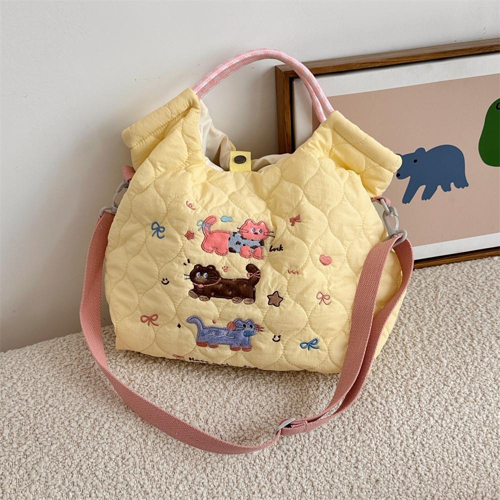 Adorable Embroidered Cartoon Shoulder Bag Large Capacity Commuter Tote Bag In White Blue Yellow And Pink