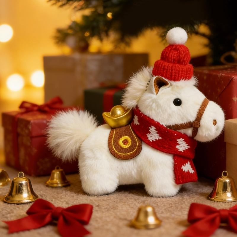 Adorable Plush Horse Mascots Keychain Featuring Festive Knitted Cap Scarf and Lucky Gold Ingot for Holiday Car Ornament Decoration