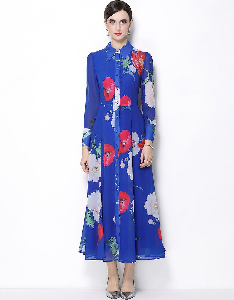 Spring Clothing for Women 2026 New Style High-End Flower Printed Belt Slim-Fitting Long French Long Sleeve Chiffon Maxi Dress