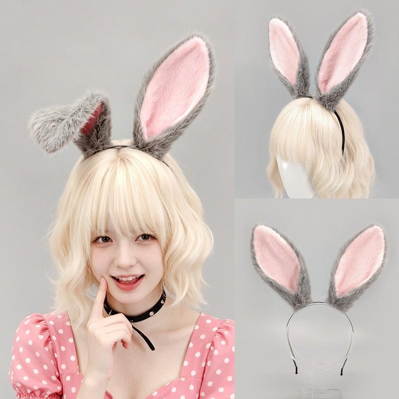 Plush Rabbit Ears Headband Tail Set Easter Costume Party Animal Themed Dress Up Accessory In White Black Camel Gray