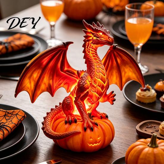 Lampada da Tavolo Luminosa Atmosferica Drago Luce Solare da Giardino, Notte di Halloween Zucca Gotica in Resina Accenti per Interni di Casa Ringraziamento Statua, Medievale