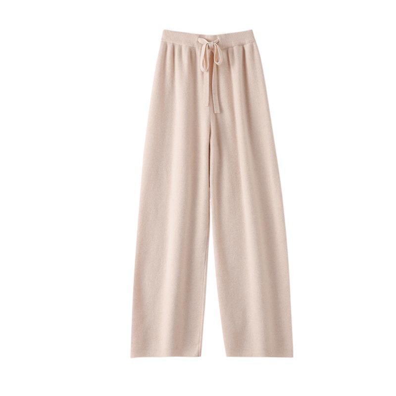 Women's 100% Pure Wool Wide Leg Knitted Pants - High Waist, Thickened, Casual, Long, Autumn/Winter Wear, Cashmere, Straight Leg.