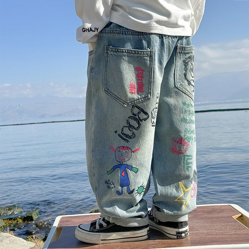

Fairy Tale Graffiti Boys Jeans - Autumn 2025 Straight-Leg Loose Pants 140 cm синій