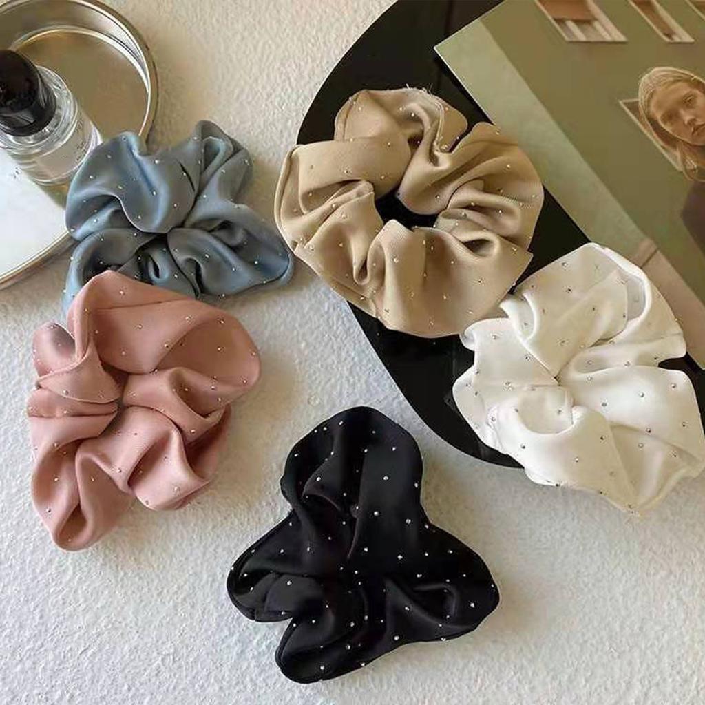 3PCS Hair Scrunchies with Rhinestones and Pleated Detail Ponytail Holder Fashion Hair Accessories for Daily Use