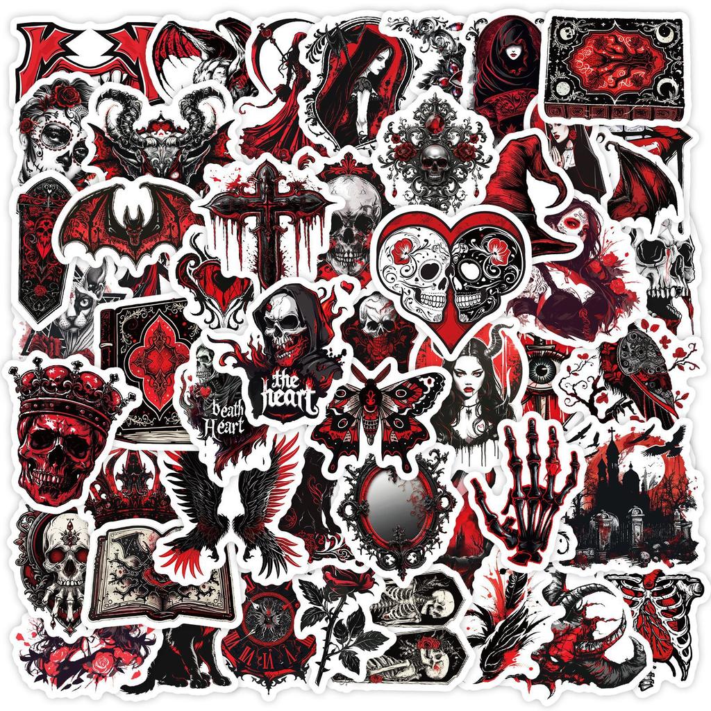 50Pcs Black-Red Gothic Skeletons Cartoon Graffiti Stickers Diy Phone Guitar Notebook Suitcase Waterproof Sticker Kids Toy Gifts