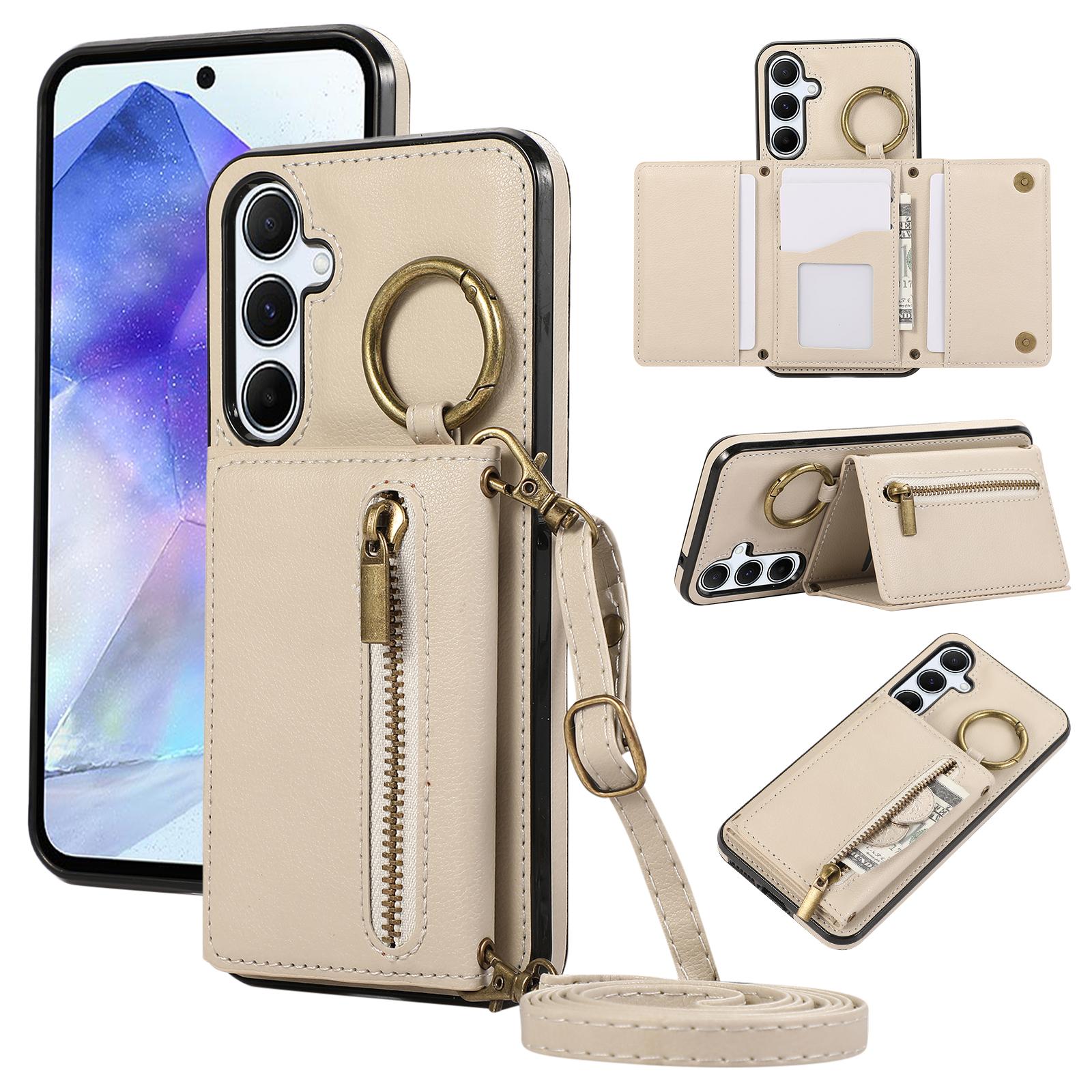 

For Samsung Galaxy A56 5G Leather Back Cover Zipper Wallet Kickstand Phone Case with Shoulder Strap Beige