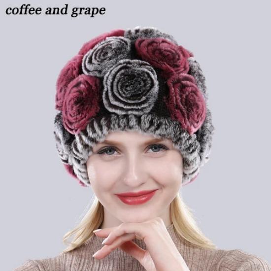 New Arrival Flowers Real Fur Hats Winter Russian Women Natural Rex Rabbit Fur Caps Lady Genuine Rex Rabbit Fur Beanies Cap