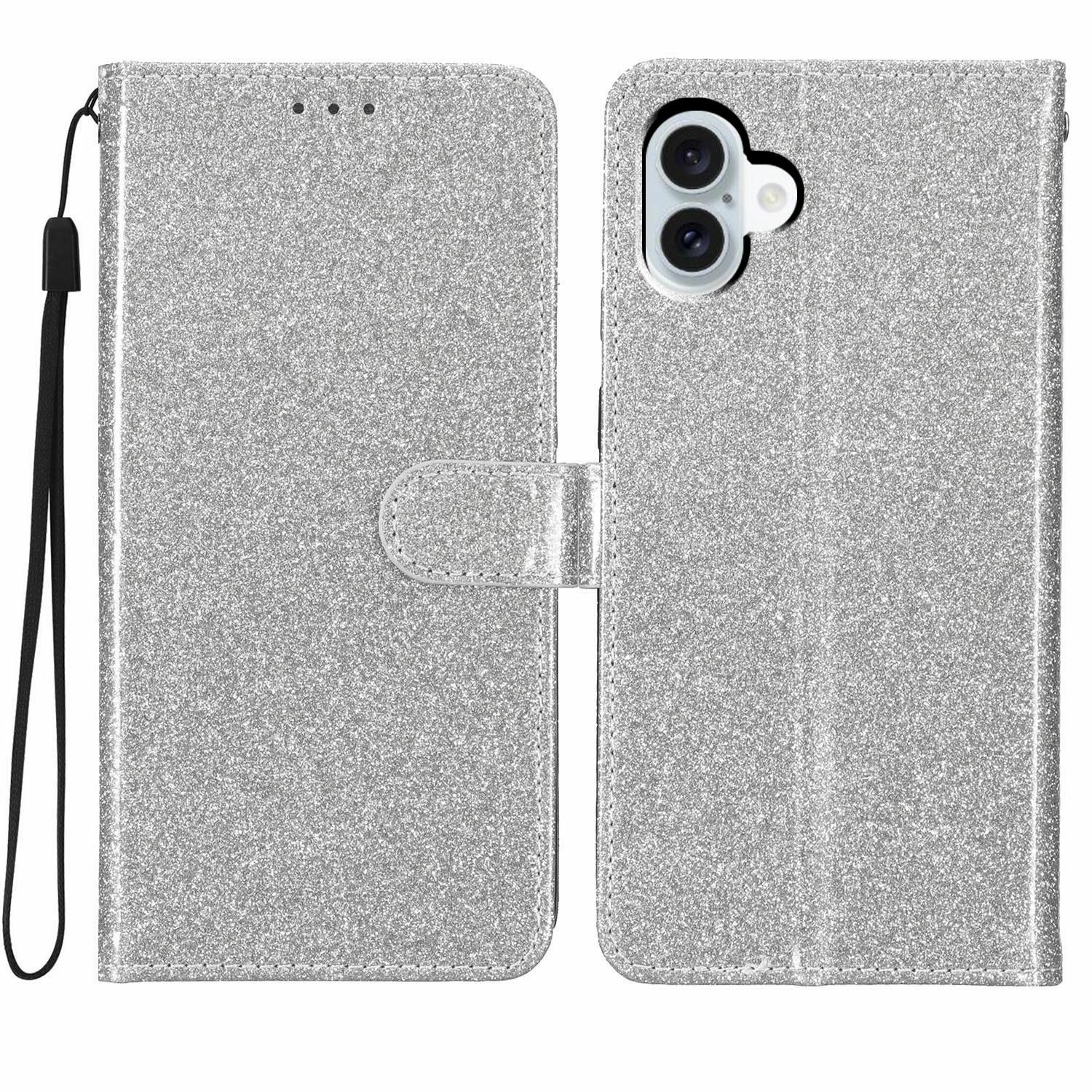 

For Samsung Galaxy A07 Wallet Case Glitter Anti-Scratch Leather Stand Phone Cover with Strap Silver