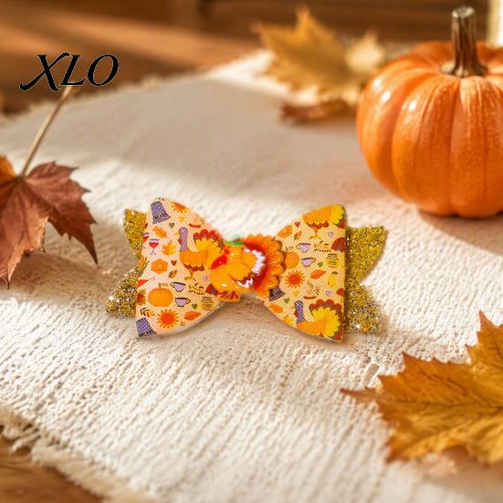 Festival Style Hair Accessories Thanksgiving Turkey Bow Clip for Girls, Decorative Pins, Maple Leaf Pins Double Layer Glitter Clip, Cute Autumn