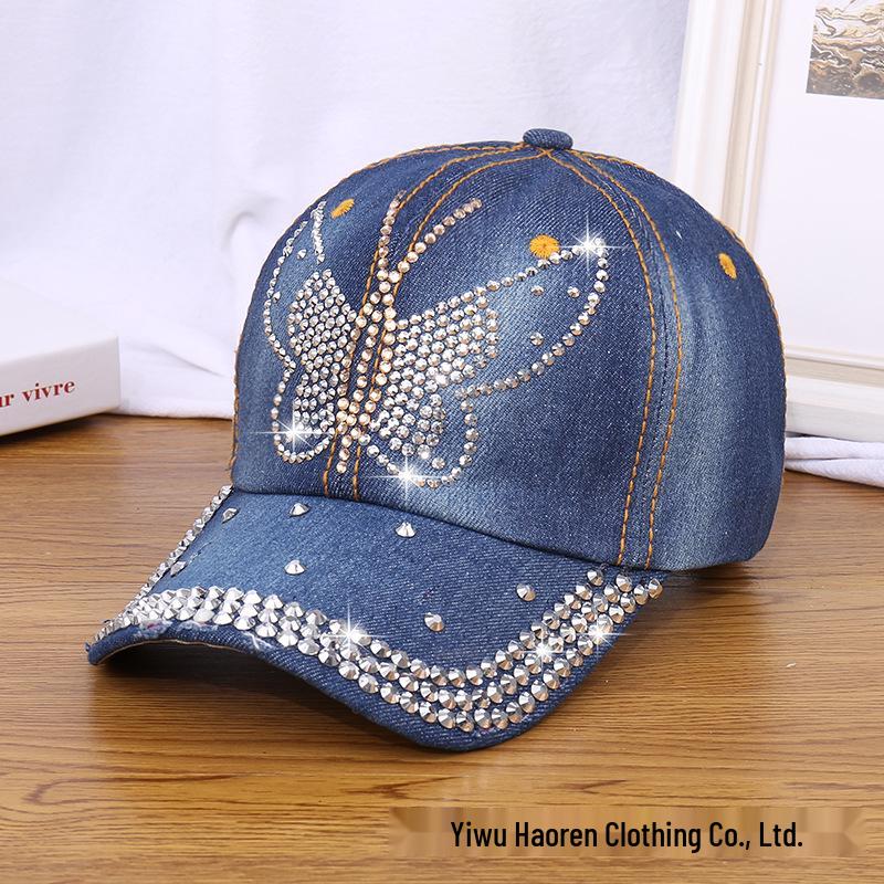 Damen Strass Denim Baseballkappe - Paris Schriftzug Sonnenhut