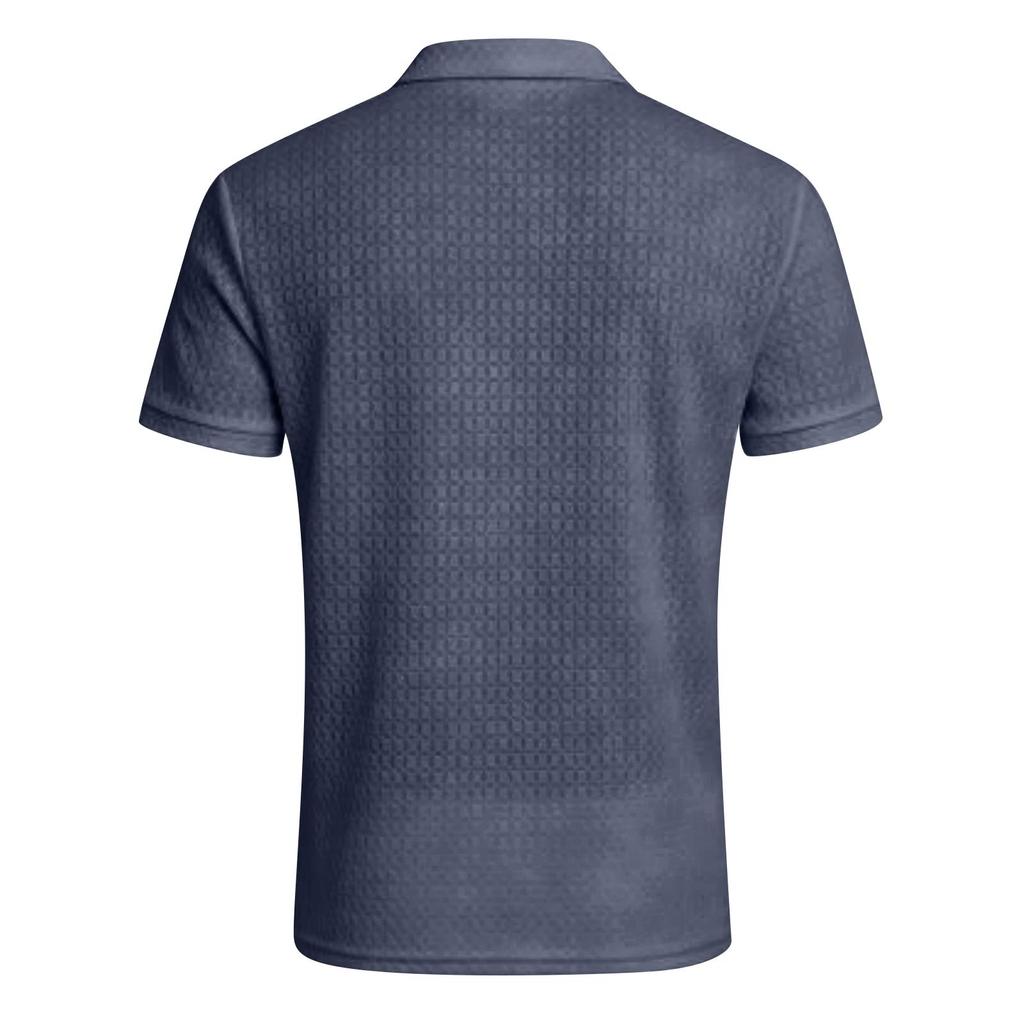 Men's New High-End Nylon Stretch Lapel Zipper Short Sleeve Plaid Casual Sports Golf Shirt