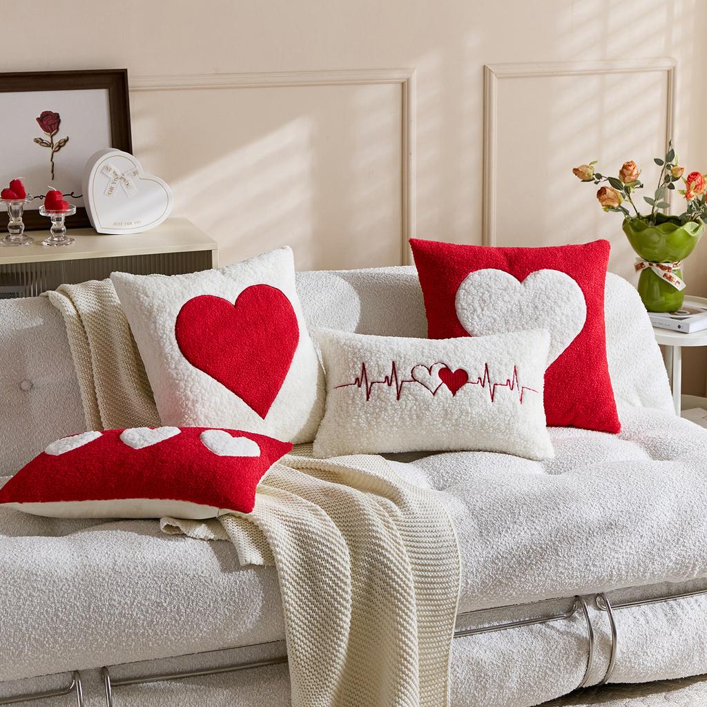 1-4PCS Heart Embroidery Pillow Cover Valentine‘s Day Love Pillowcase Cushion Case Round Floral Decor for Sofa Bed Wedding Gift