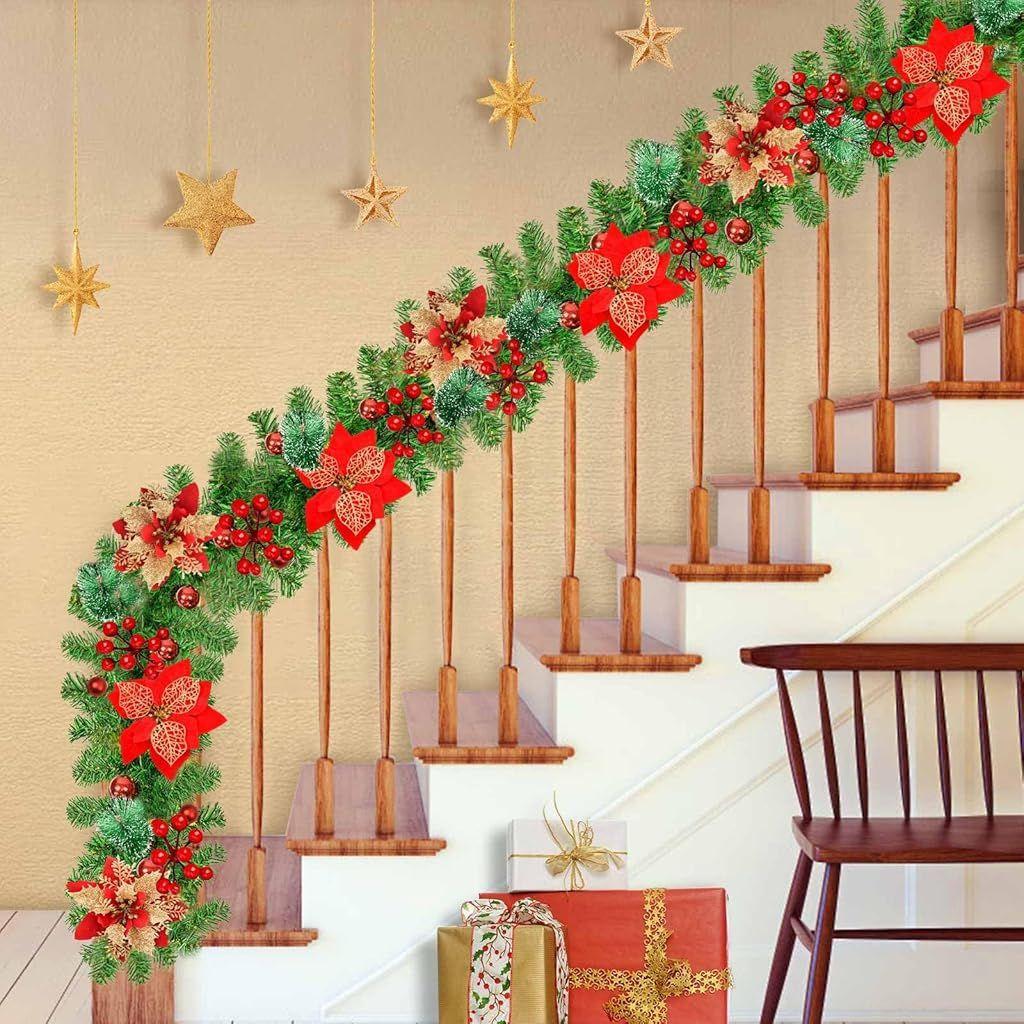 Christmas Garland with Red Flower, Balls, Berries, Snowy Pine Artificial Garland for Indoor Outdoor Home Fireplace Decoration