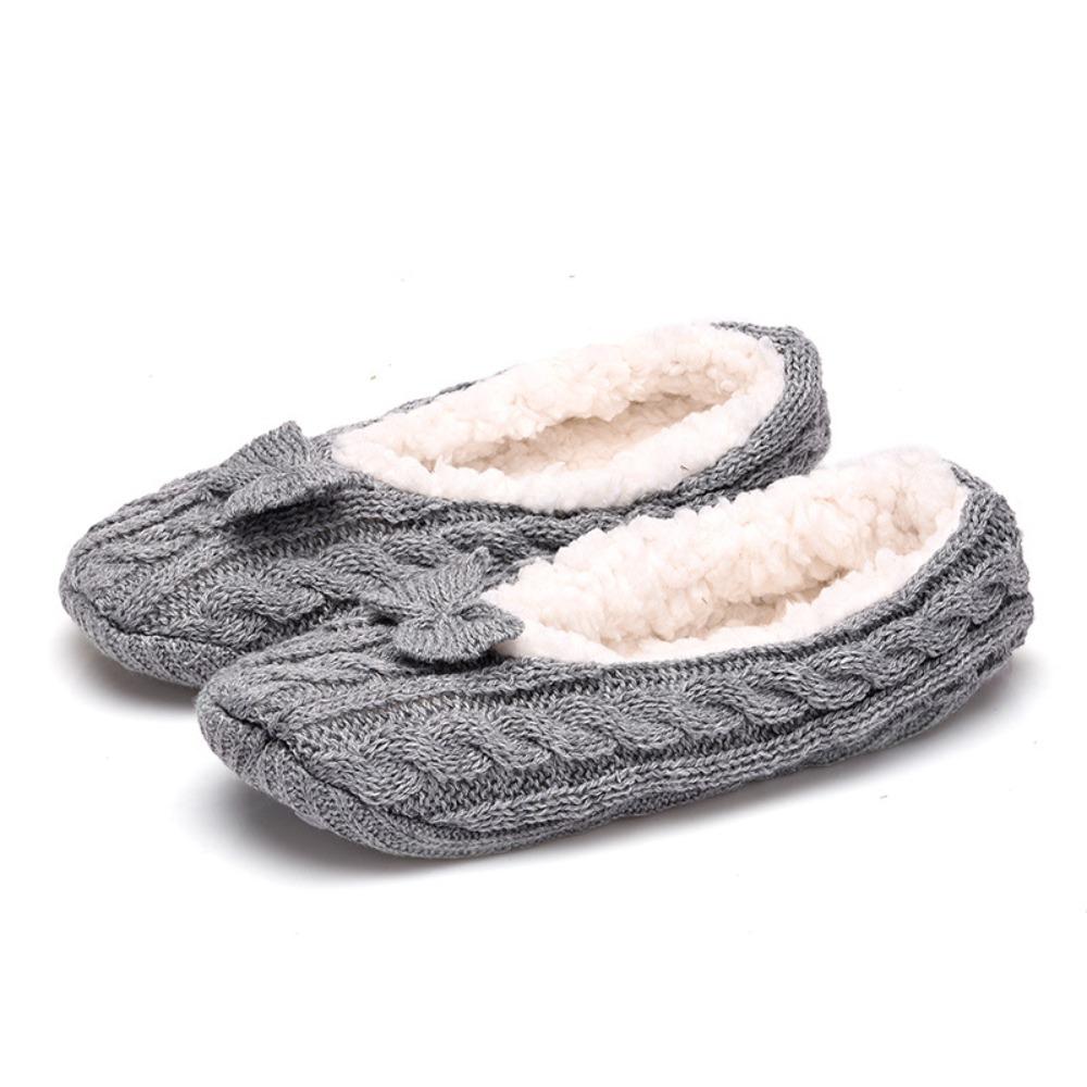 Anti-slip Thicken Plush Socks Women Men Winter Floor Socks Sweet Sleeping Socks  Girls S-Bow Grey