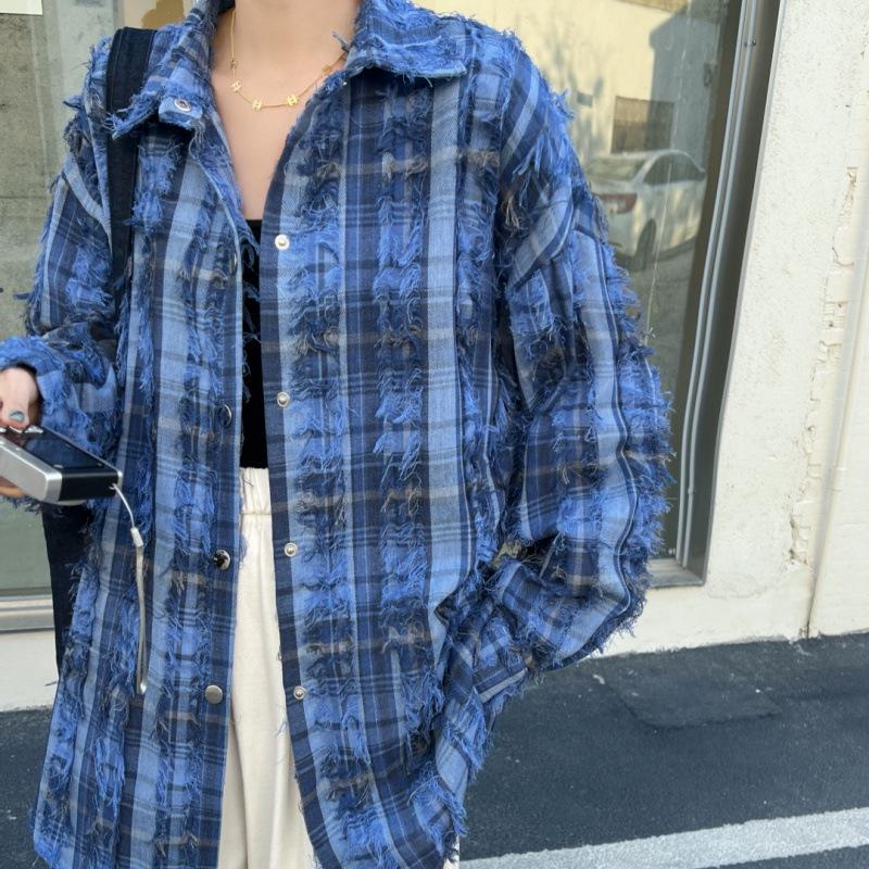 

Женская клетчатая рубашка в стиле ретро-шик с бахромой и длинным рукавом One Size синий