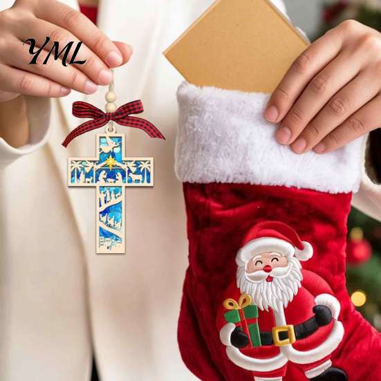 Wooden Book Tree Decoration Christmas Hollowed Pendant, Cross/Christmas Hanging Ornament, Decorative Bookish Pendant Plaid Bow Decor Craft for