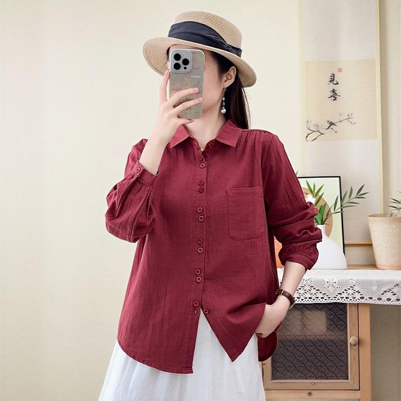 New literary and casual style double-layer cotton yarn pure cotton long-sleeved shirt simple temperament versatile loose and thin shirt women