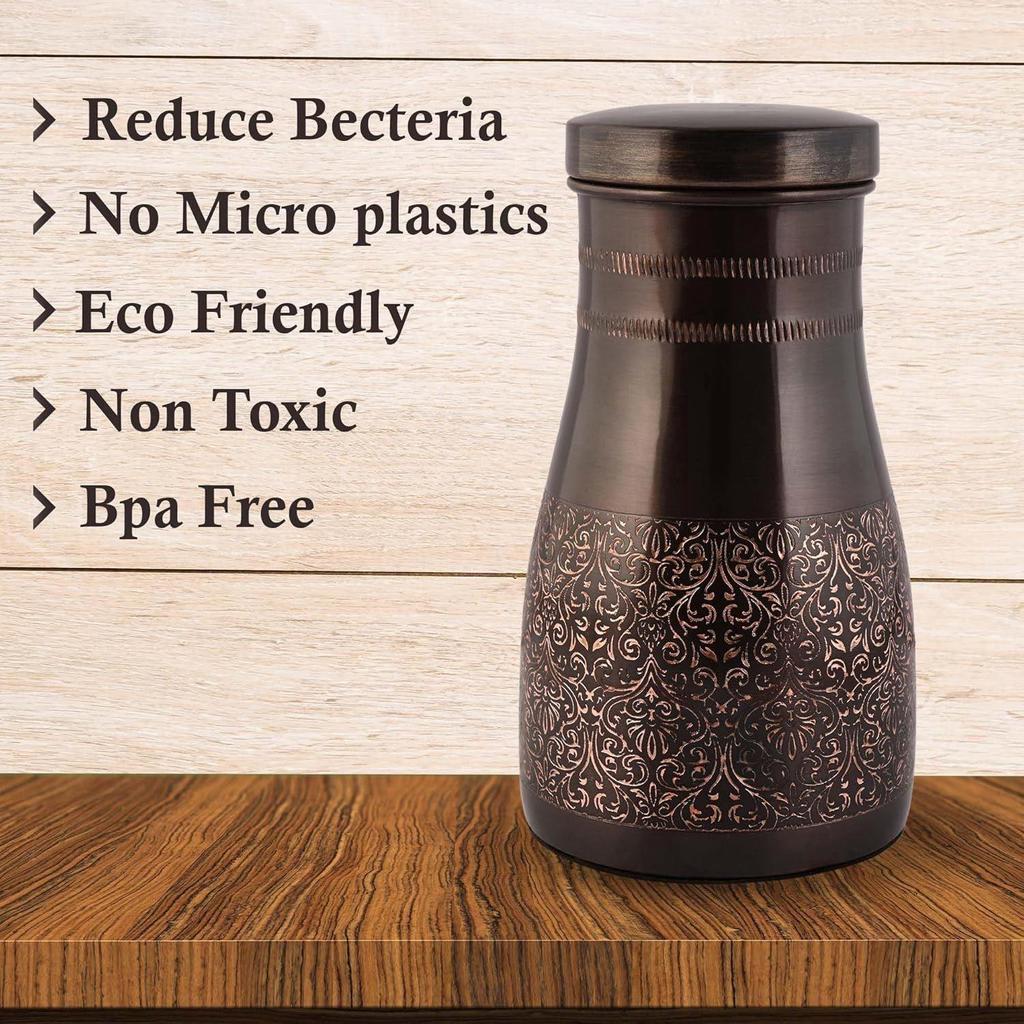 Copper Bedroom Jar with Inbuilt Glass | Rarity Carving Design | Handcrafted, Leakproof, Jointless | Ayurvedic Benefits, Antioxidant Properties |