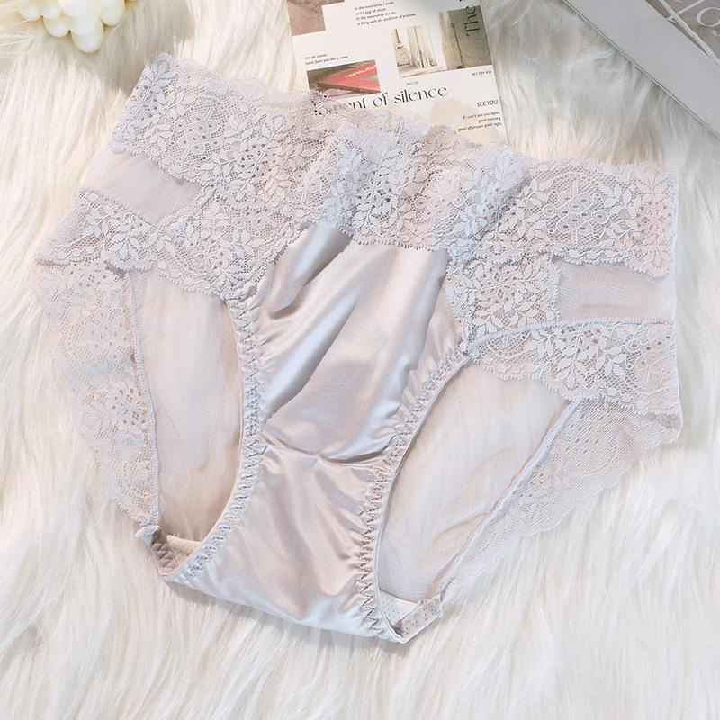 Women Satin Lace Patchwork Underwear Comfortable Panties Ladies Mid Waist Underpants Solid Color Briefs Female Lingerie