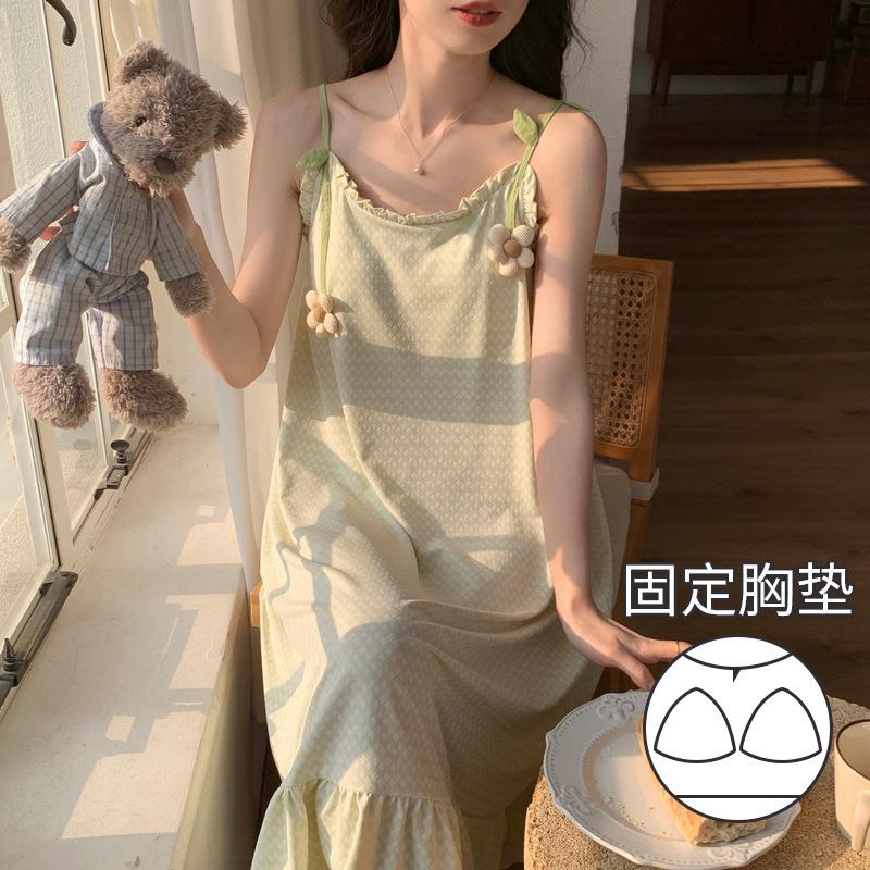 Oh Mida Summer Sweet Idyllic Casual Refreshing Suspender Medium and Long Nightdress Loungewear Women's Pajamas with Chest Pads