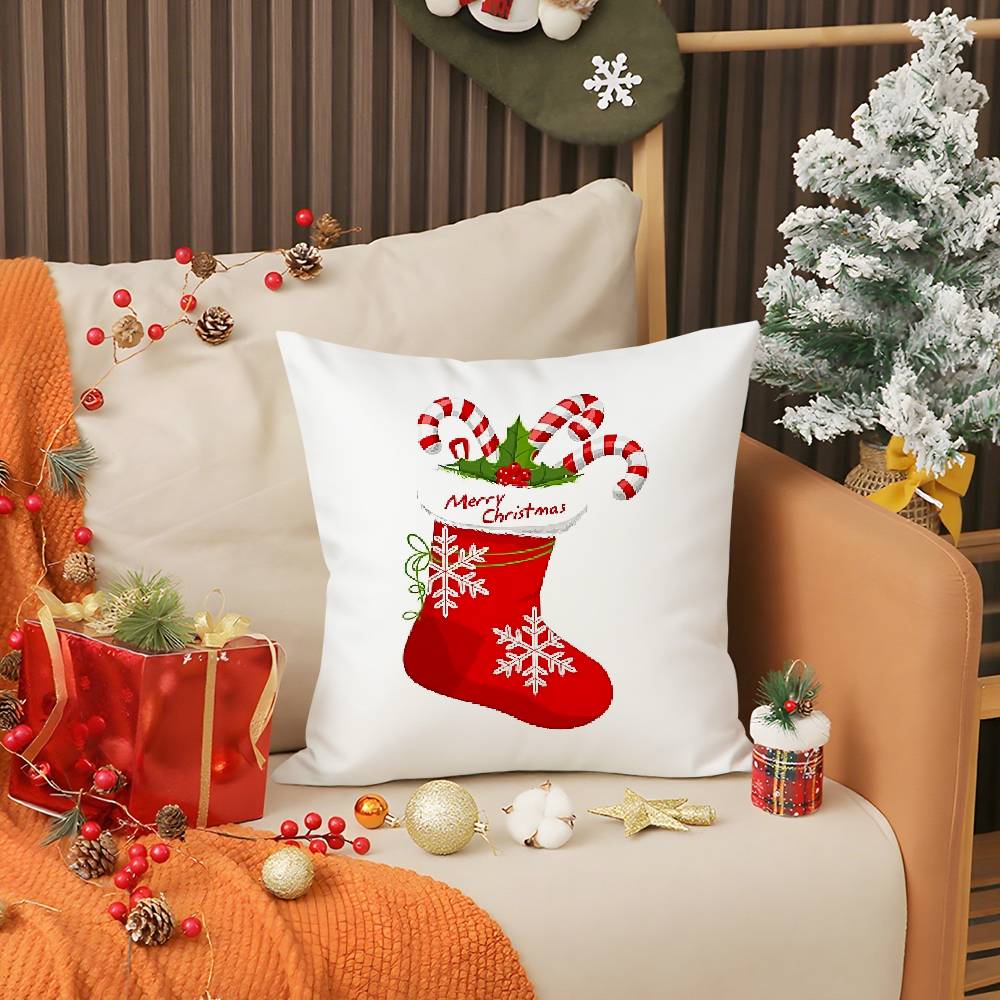 Red Socks Merry Chrismas Pillow Case Holiday Happy Atmosphere Short Plush Double-Sided Printing Home Cushion Cover
