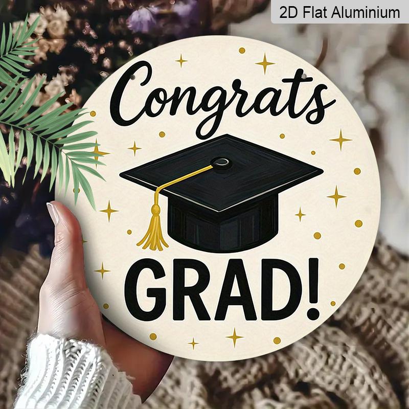 2D Flat, 1pc Round Aluminum Sign, "Congrats Grad!" Graduation Design, Simple Mortarboard & Gold Star Metal Wall Art, Minimalist Decor for Grad Party