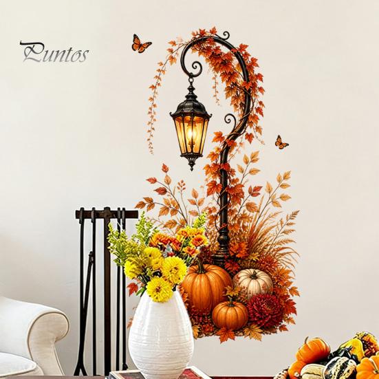 Thanksgiving Window Clings Autumn Pumpkin Street Lamp & Maple Leaves Wall Sticker, Waterproof PVC Fall Harvest Atmosphere Decor Decal, Decorative Peel
