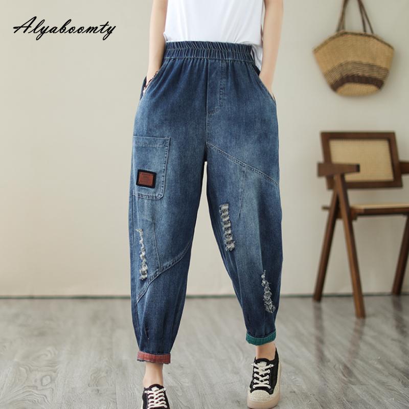 

Большие размеры Осень Зима Женщины Повседневные Свободные Джинсы Эластичная Талия Синие Рваные Дырки Джинсовые Брюки Винтажные Элегантные Джинсы Гарем