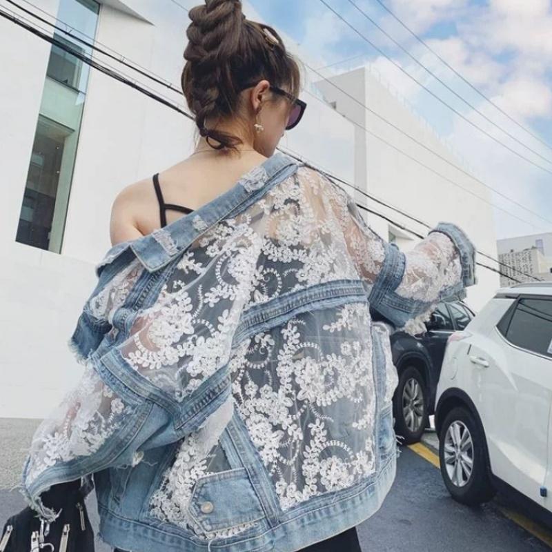 Summer Streetwear Embroidery Lace Patchwork Sexy Denim Jacket Women Jeans Coat