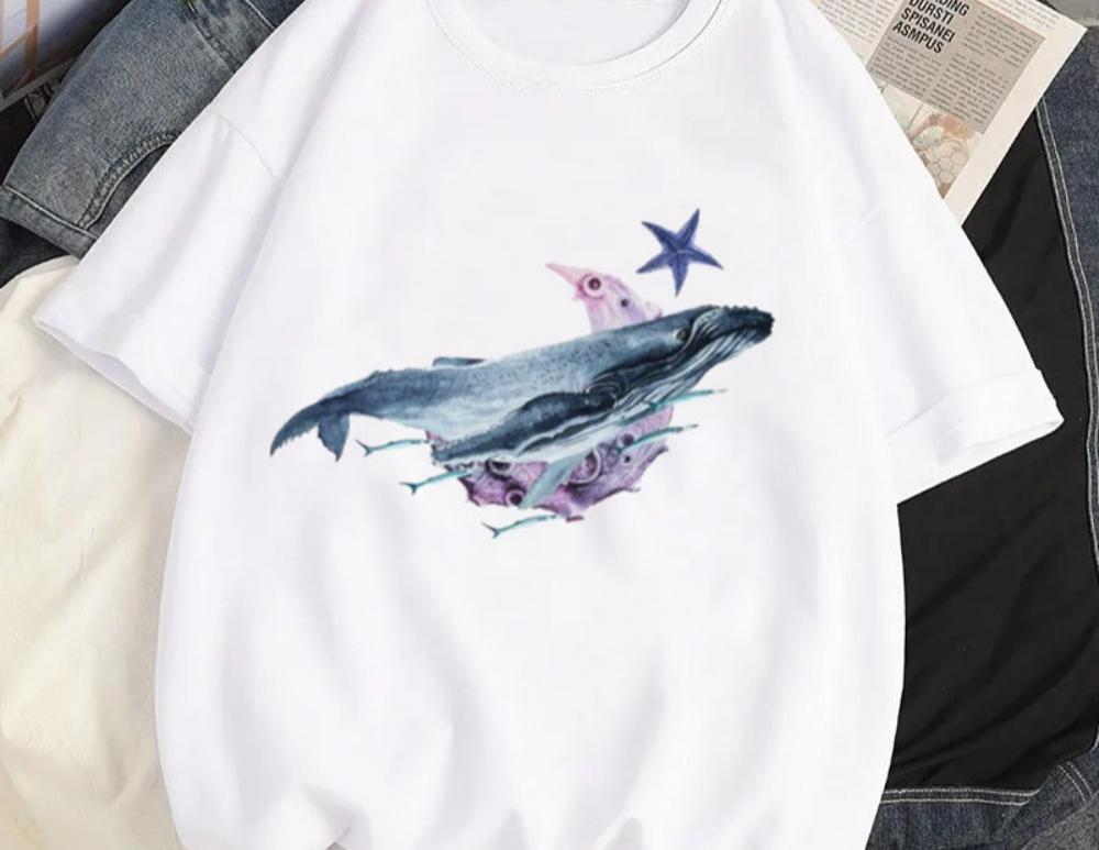 Women Y2K Fashion T Shirt Casual Loose Fit Tee with Cute Cartoon Whale Graphic Harajuku Style Top Daily Streetwear Oversized