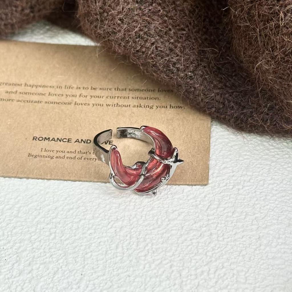 Personality Fashion Red Crescent-shaped Star Celestial Body Opening Adjustable Rings for Men Women Hip-hop Punk Finger Jewelry