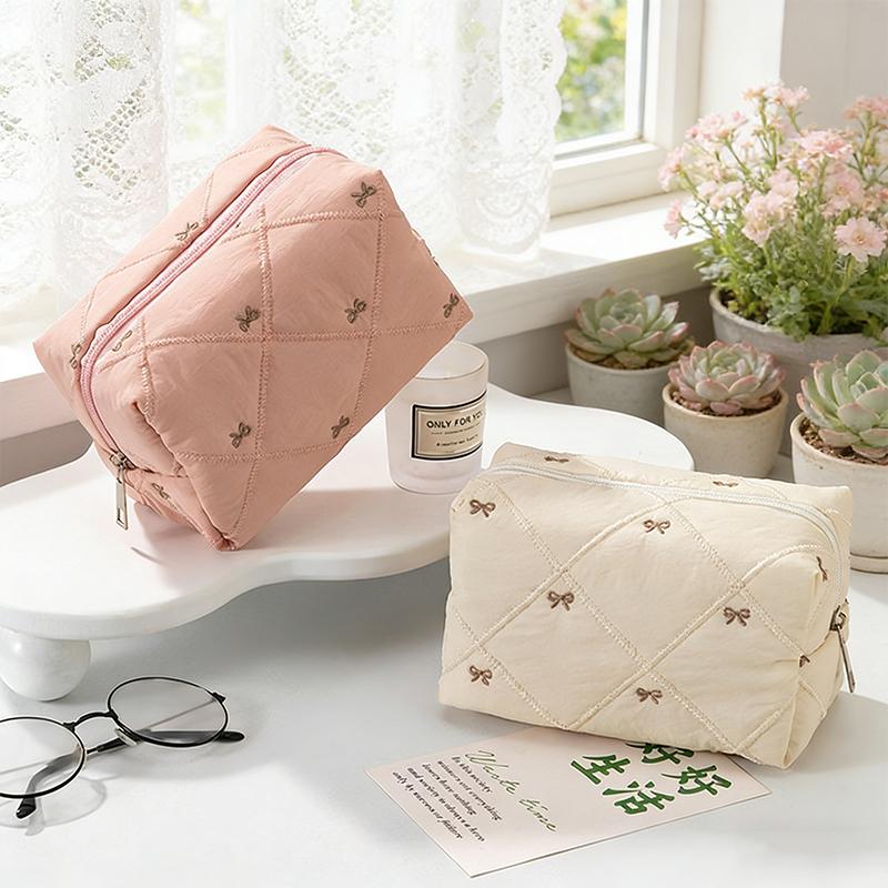 Women'S Cute Bow Quilted Makeup Bag Case Portable Travel Brush Wash Toiletry Bag For Women Cosmetic Organizer Pouch