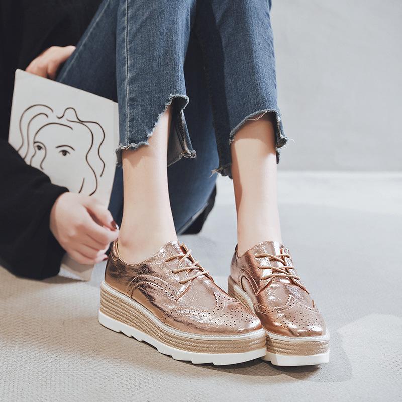 

British Style Lace-up Platform Muffin Shoes Wedge Heel Single Shoes Casual Shoes College Style Fashion Carved Small HZB-2931-9 34 шампанського