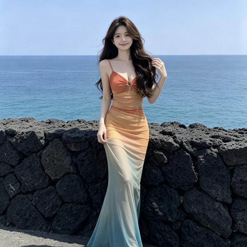 Atmosphere long dress vacation sunset island sense mesh suspender holiday vacation wind tie dye gradual change color