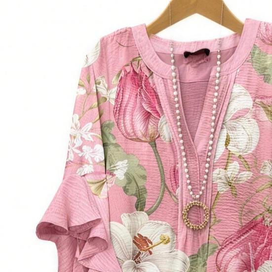 Women Shirt V-Neck 3/4 Ruffle Sleeves Floral Print Anti-Wrinkle Bohemian Blouse Loose Fit Ultra Lightweight Beach Shirt