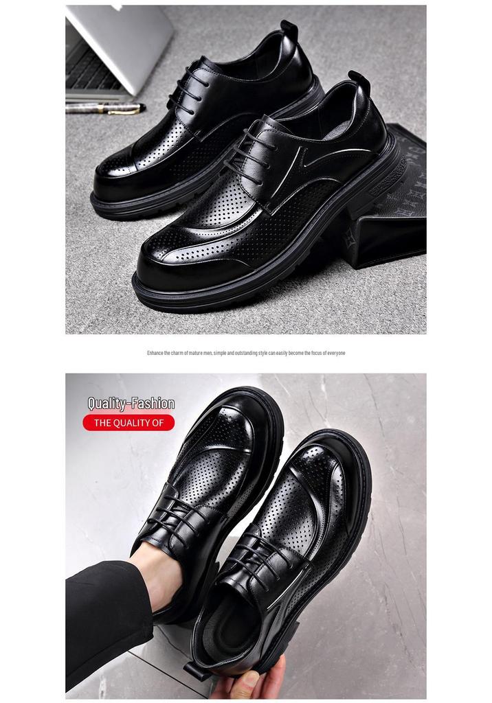 Men's Summer Breathable Lace-Up Leather Shoes - Versatile, Comfortable, Trendy, Perforated, Thick Sole Casual Footwear.