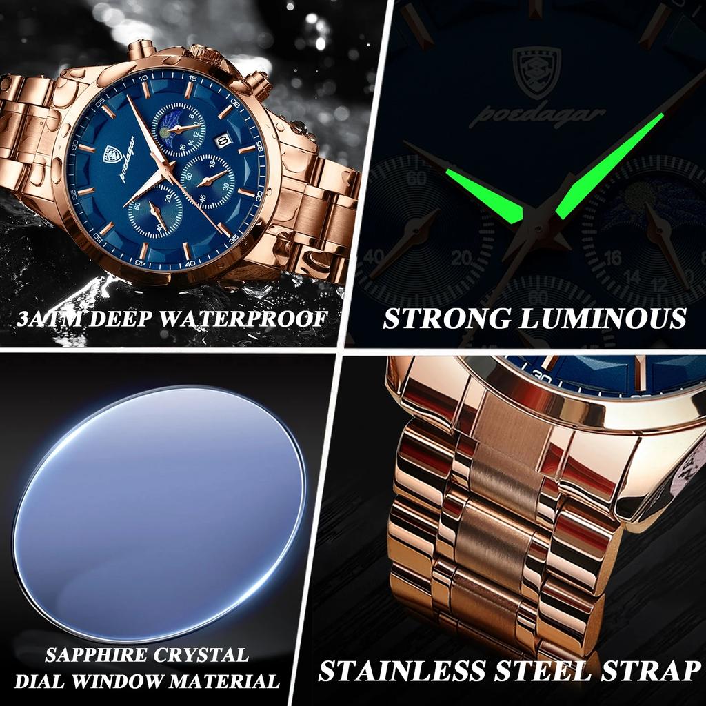 POEDAGAR Luxus Herrenuhr aus Edelstahl Chronograph Kalender Sportuhren für Herren Kleine Drei-Zeiger-Uhr Hohe Qualität Uhren