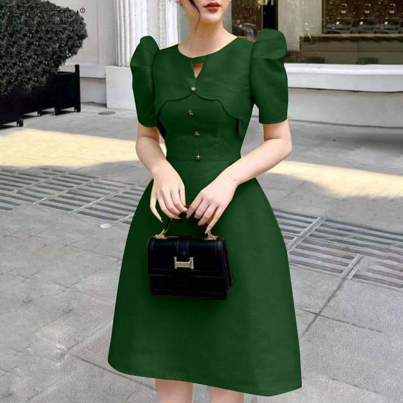 ZANZEA Damen Lässiges Rundhals Kurzarm Sommer Partykleid