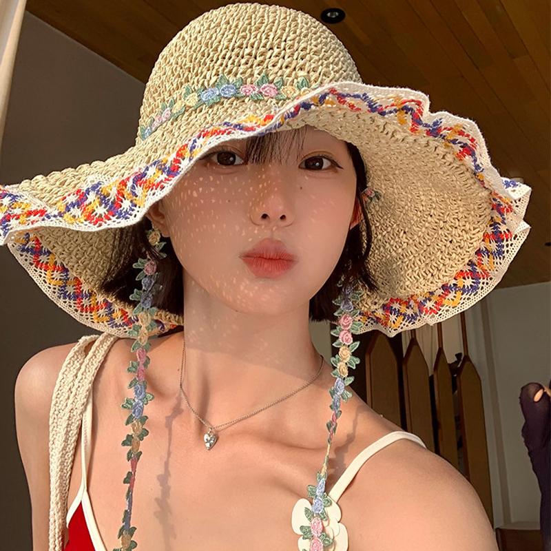 Summer Women'S Wide-Brimmed Straw Hat Beach Vacation Style Sun Hat Straw Fisherman Hat