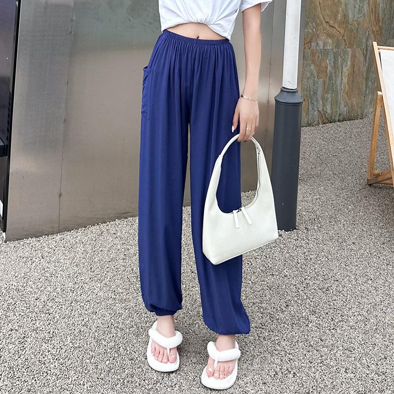 Pantaloni de pijama din bumbac mătase pentru femei, secțiune subțire de vară, anti-țânțari, pantaloni cu picior lat, culoare uni, pentru exterior, casă, petrecere a timpului liber, imprimeu, pantaloni de plajă până la genunchi