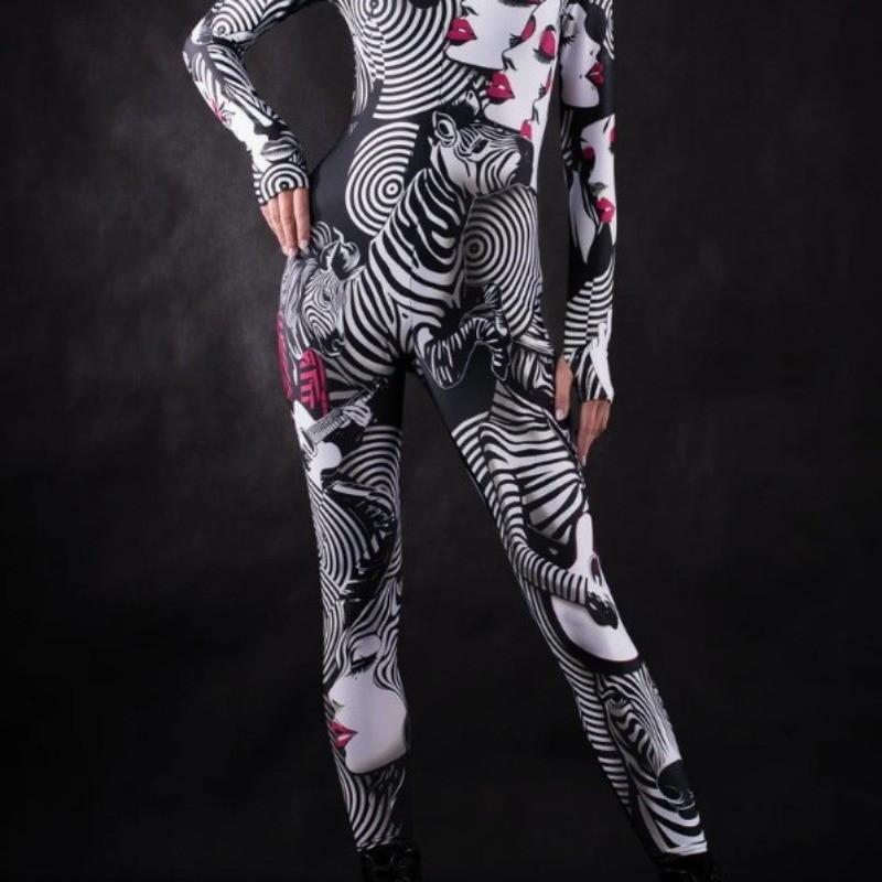 Zebra Lines Women Face 3D Digital Printing Jumpsuit Adults Stage Dance Performance Outfit Halloween Party Dress Up Costume